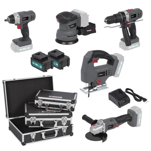 Home power tool set 5 items - incl. 2 batteries 18V 3.0Ah and charger - 3 storage cases