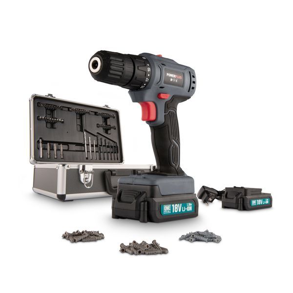 Drill - screwdriver 18V - incl. 2 batteries 18V 1.3Ah and charger - 153 acc.