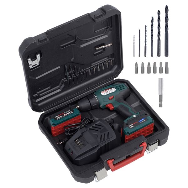 Drill - screwdriver 18V - incl. 2 batteries 18V 2.0Ah and charger - 13 acc.